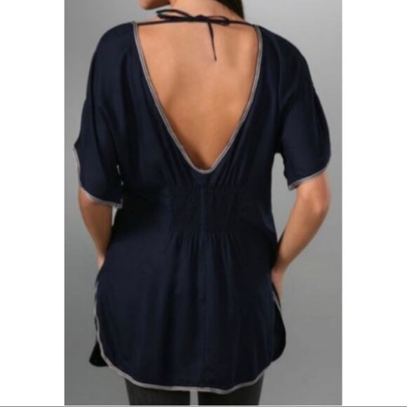 Free People Anthropologie Silver Springs Embroidered Navy Tunic V-Back Top XS - Picture 4 of 14